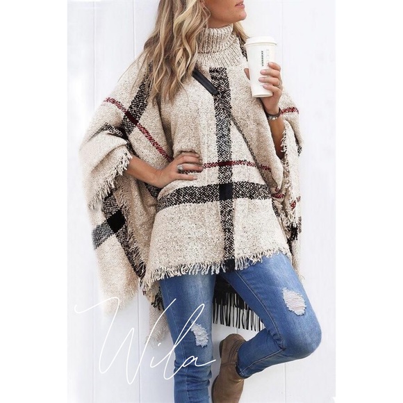 WILA Sweaters - LAST🥰CHANCE Plaid poncho tan black turtleneck